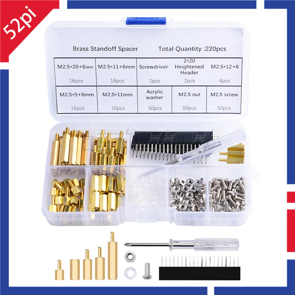 Screws Assortment Kit 220pcs Brass Stainless Waterproof M2.5 Hex Male Female Standoff Screws Box Nut Set for Raspberry Pi Spacer