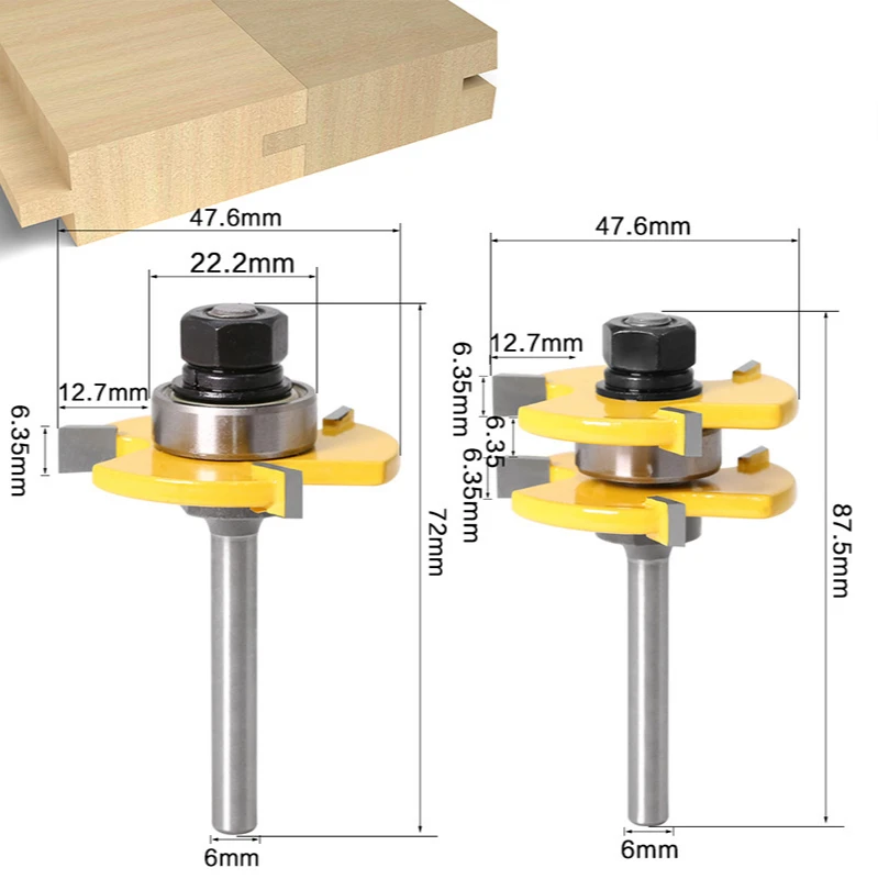 1/4 handle 2 piece set 3 tooth ball T-knife woodworking milling cutter set woodworking tool tenon cutter