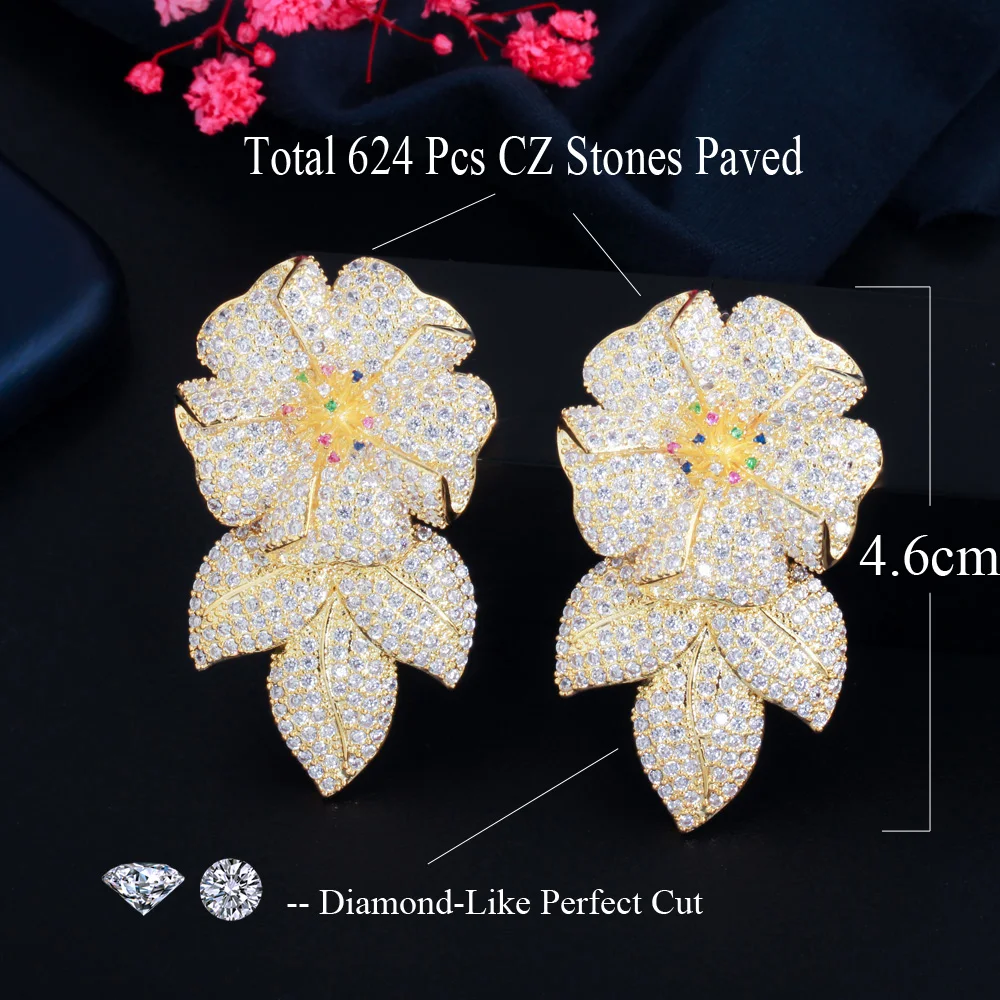 CWWZircons Shiny CZ Flower Drop Luxury Long Big Earrings for Women African Dubai Gold Color Bridal Wedding Costume Jewelry CZ907