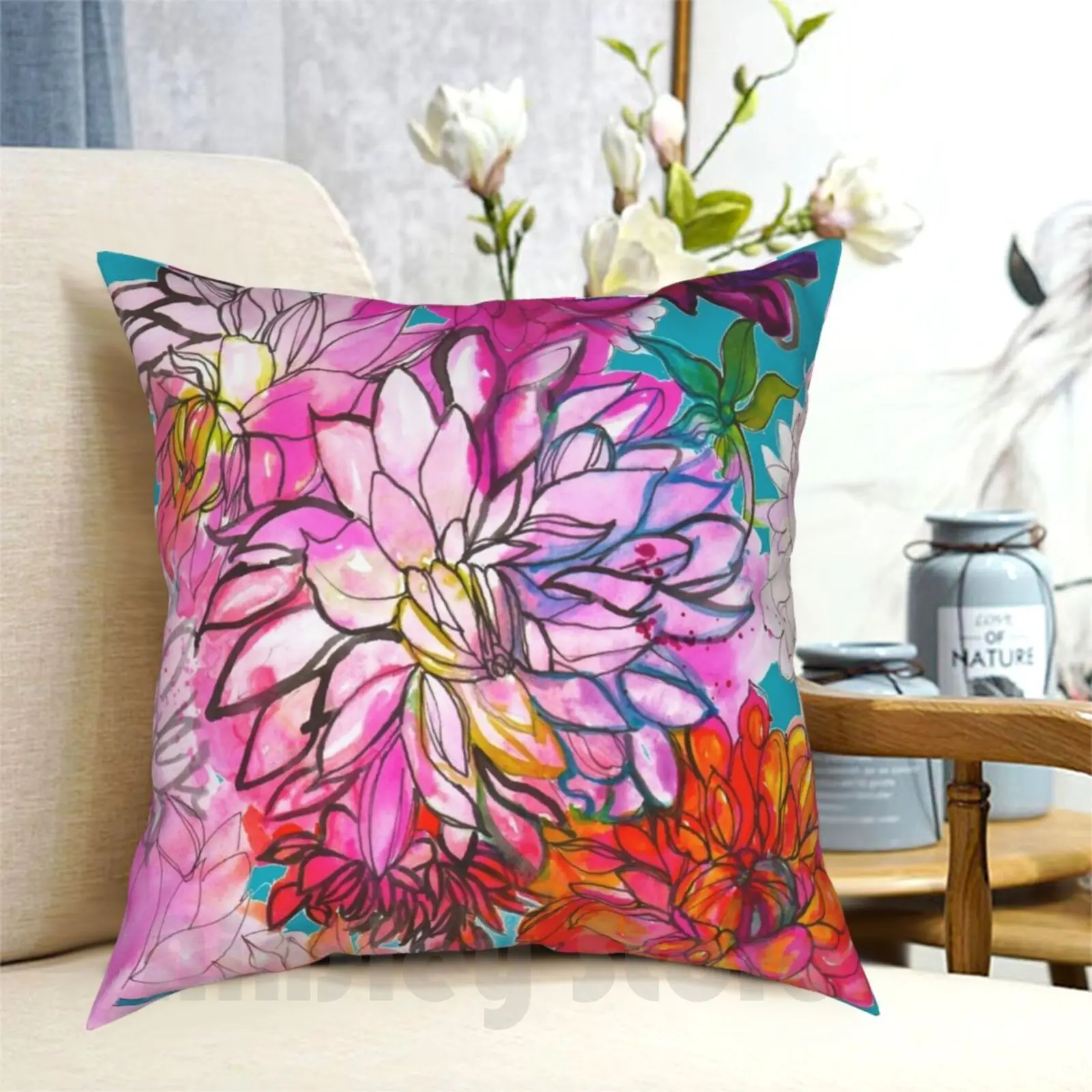 Garden Of Dahlias Pillow Case Printed Home Soft DIY Pillow cover Orange Turquoise Blue Yellow Pink Purple Tulip Tulips