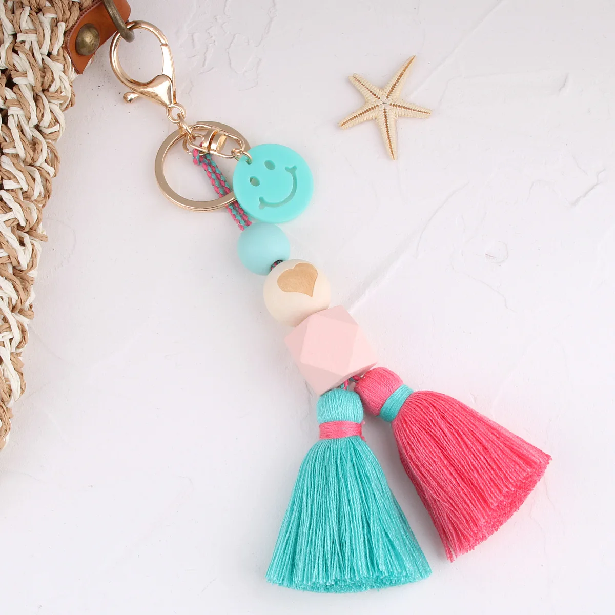 Colorful Wood Beads Tassel Keychain Smile Face Flower Rainbow Key Ring For Women Handmade Friendship Summer Jewerly Gifts