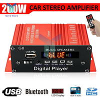 200W 12V Car Audio Bluetooth Amplifier HIFI Home Stereo FM Radio AUX TF LED Screen 2CH Power Amplifiers Car Audio with Remote