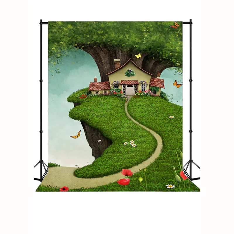 妖精ツリーハウスの背景緑の芝生花蝶子供の誕生日の写真撮影の背景新生児ベビーキッズ写真の背景