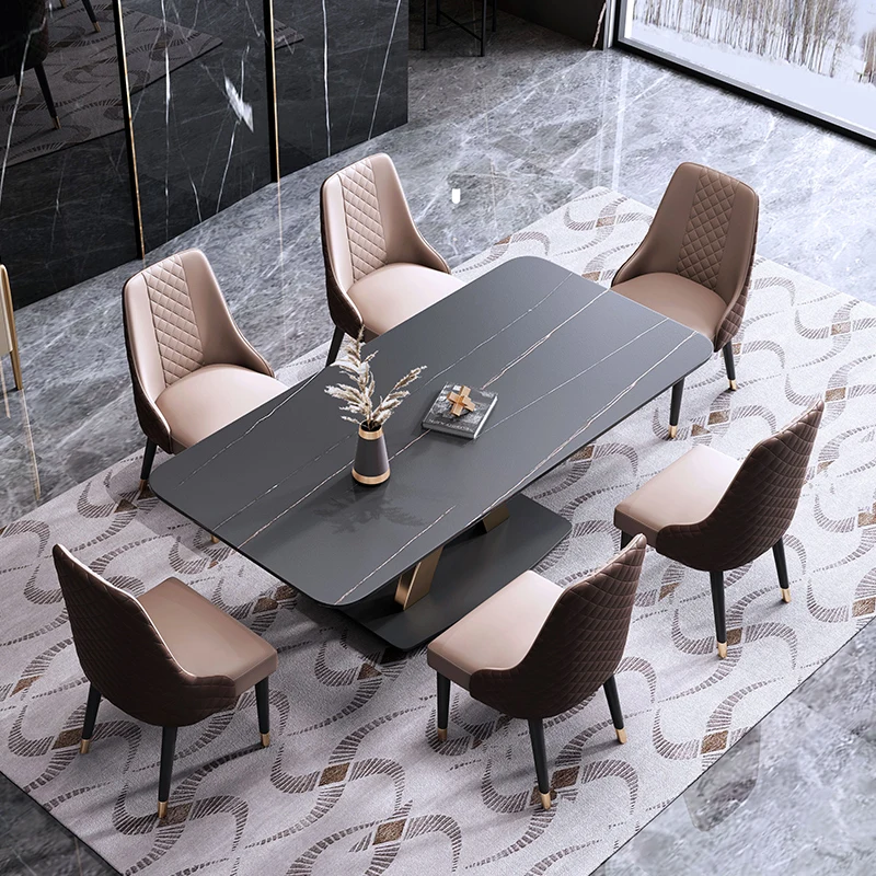 Light Luxury Rock Slab Dining Table High-End Rectangular Marble Household Small Apartment Modern Simple Bright Furniture Set