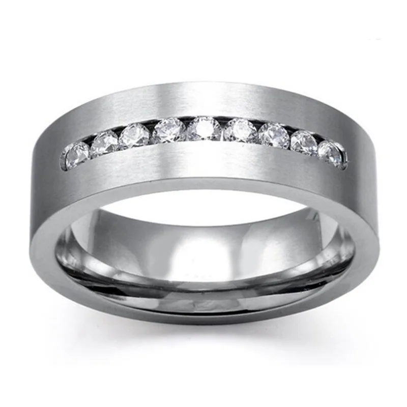 8mm Men Titanium Steel Wedding Ring With Nine Large Channel Sets of Cubic Zirconia CZ Stone for Men Wedding Anniversary Jewelry