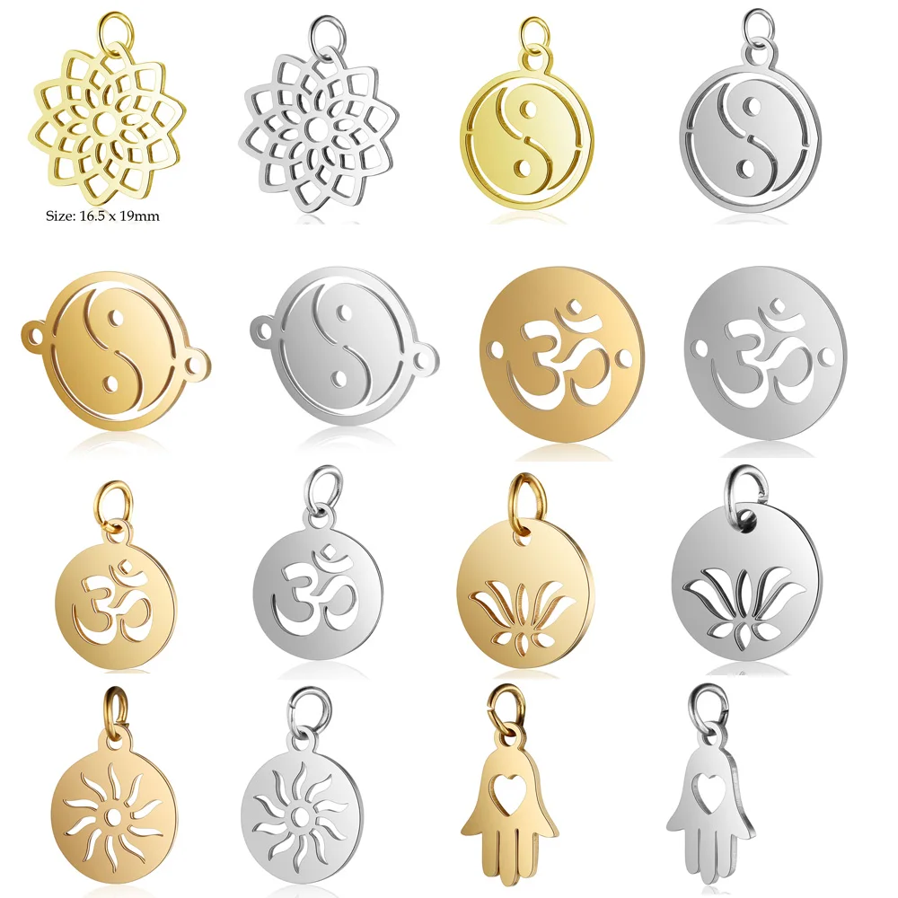 10 sztuk/partia DIY religijne zawieszki ze stali nierdzewnej na szczęście om, hurtownia zawieszek yin yang hamsa do bransoletek i łączników do biżuterii