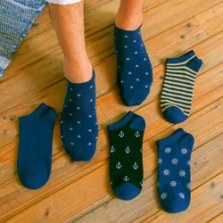 5 Pairs Men Navy Socks Fashion Breathable Stripe Anchor Star Snow Male Spring Summer Boat Socks Comfortable Cotton Ankle Socks