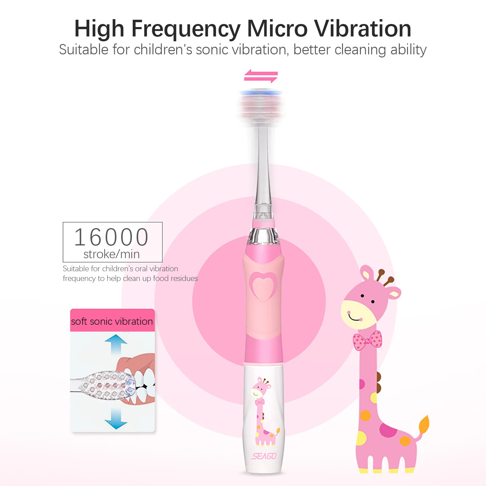 SEAGO Kids Children Electric Toothbrush for 3-12 Years Old Baby Soft Bristle Waterproof LED Light Smart Timer with 3 Brush Heads