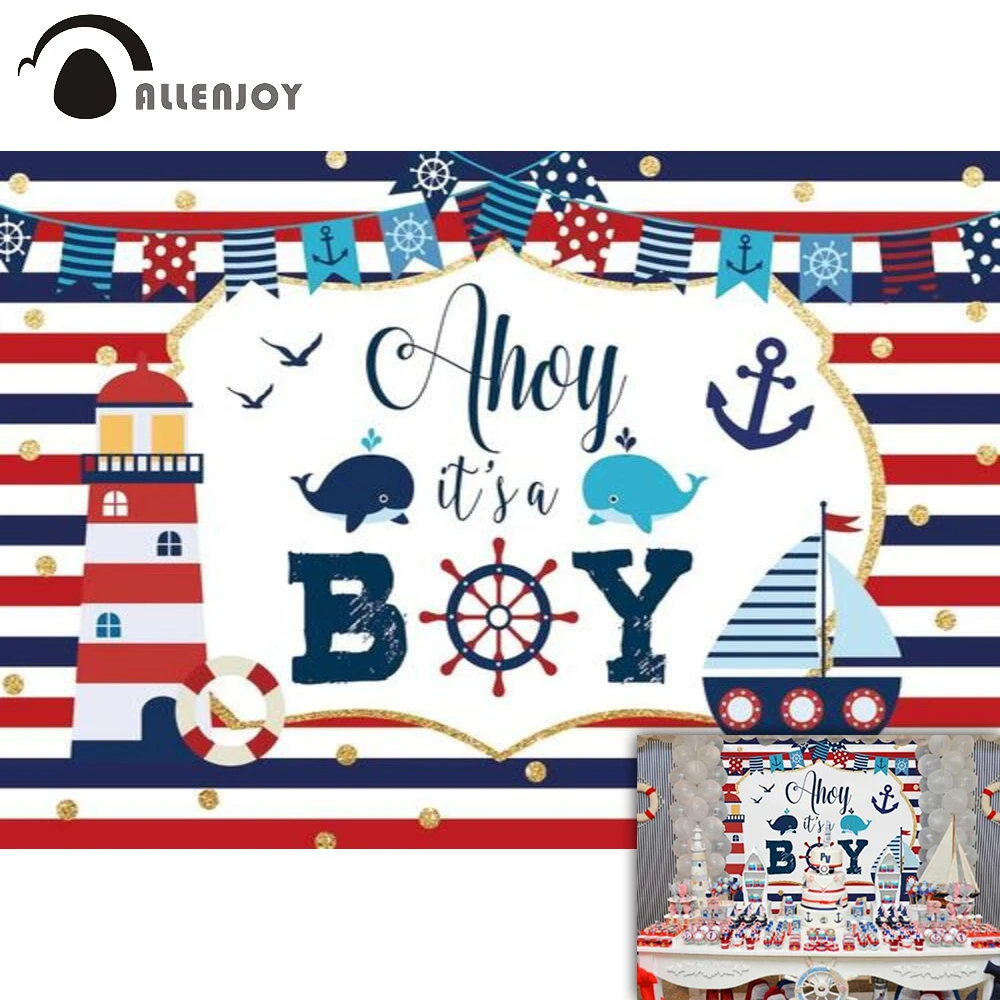 

Allenjoy Ahoy It's a вечеринка для мальчика день рождение Baby Shower Backdrop полосатый Золотой Фотофон Морская Лодка морская башня