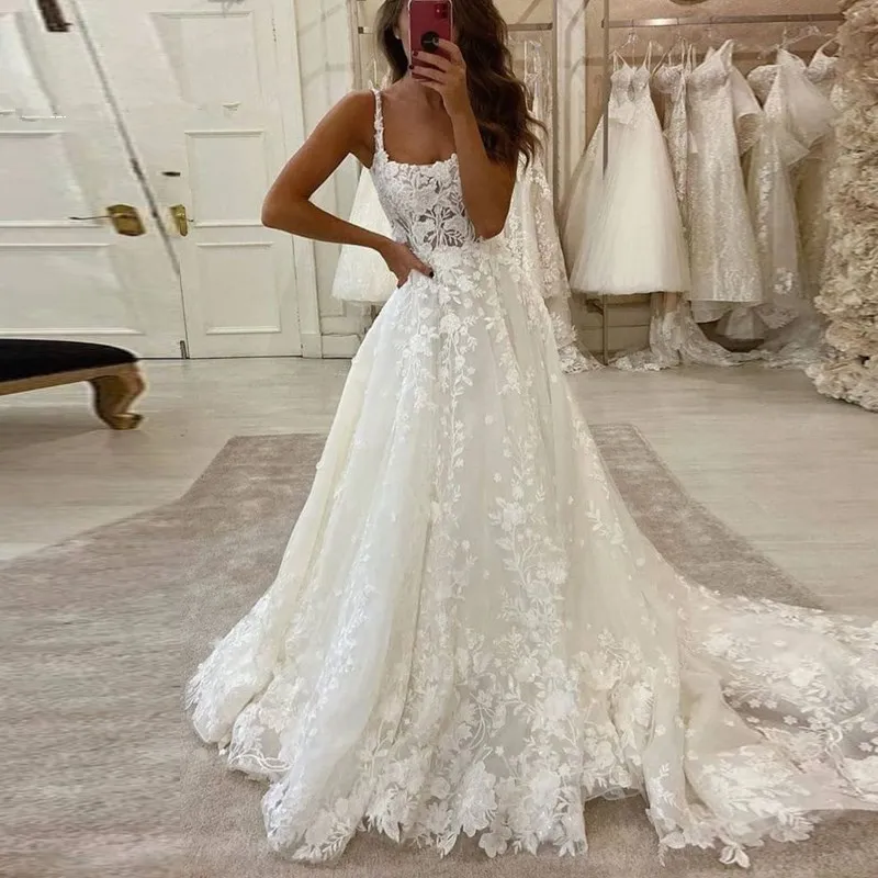 Exkluzivní krajky lodni linky svatební šaty 2022 s popruhy róba mariage otevřený couvat léto pláž elegantní tyl svatební gowns