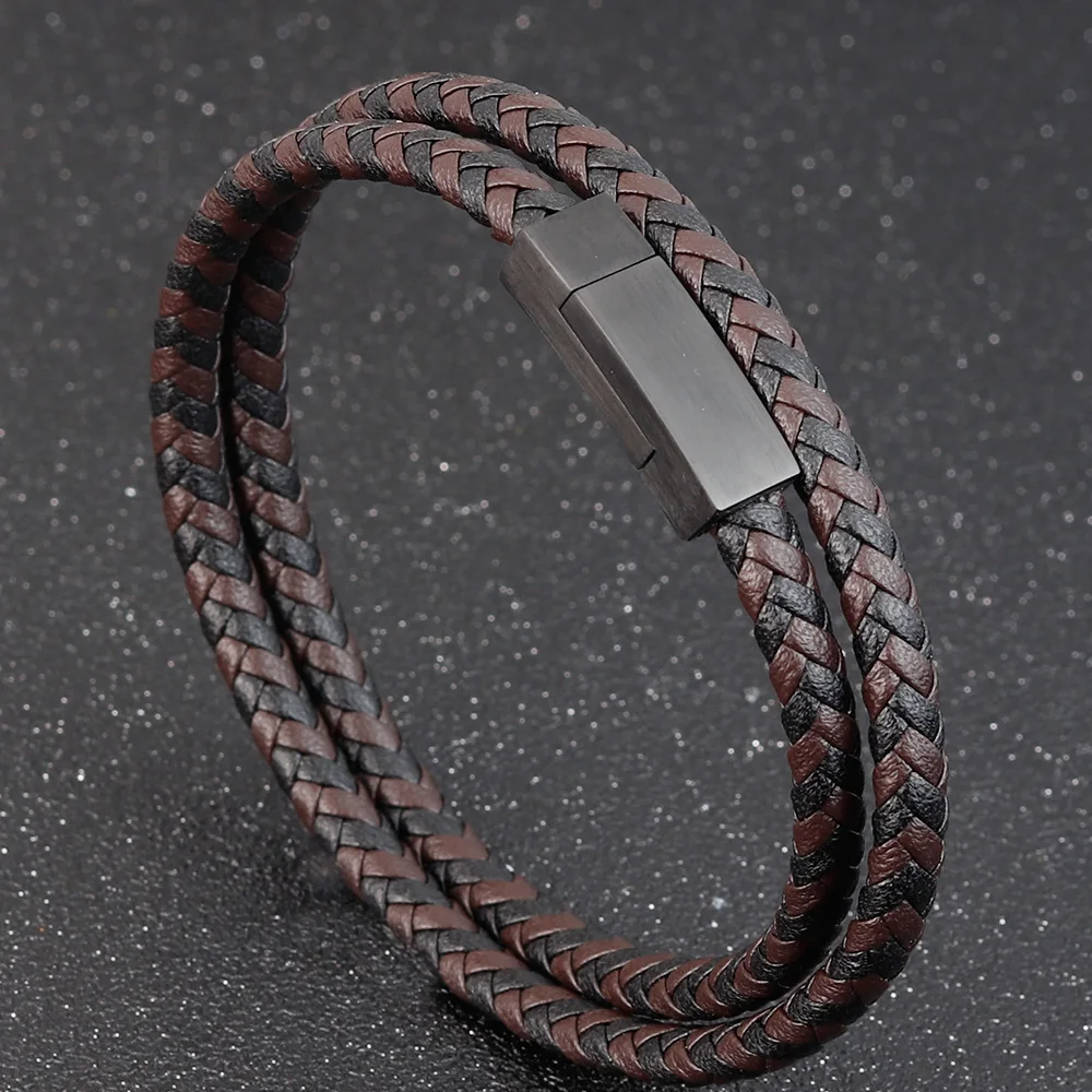 Fashion Unisex Multi-layer Woven Leather And Stainless Steel Combination Men\'s Leather Bracelet Black Brown Male Jewelry Gift