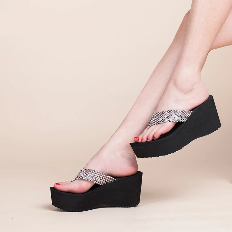 Boree Summer Flip Flops Slippers Womans Platform Shoes Wedges Thick Beach Slipper Outdoor Non-slip Snake Print Woman Slippers