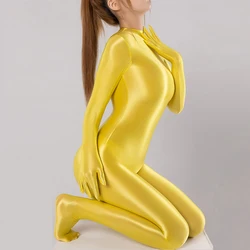 Glanzende Glossy Satijn Sexy Zentai Vrouwen Lange Mouw Vinger Handschoenen Rits Back Full Length Een Stuk Bodysuit Zijdezachte Panty catsuit