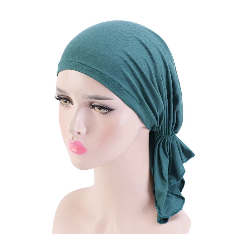 Pre-Tied Women Muslim Hijab Turban Chemo Cap Strech Long Tail Hat Hair Loss Bonnet Bandana Femme Solid Color Headwrap Scarf Caps