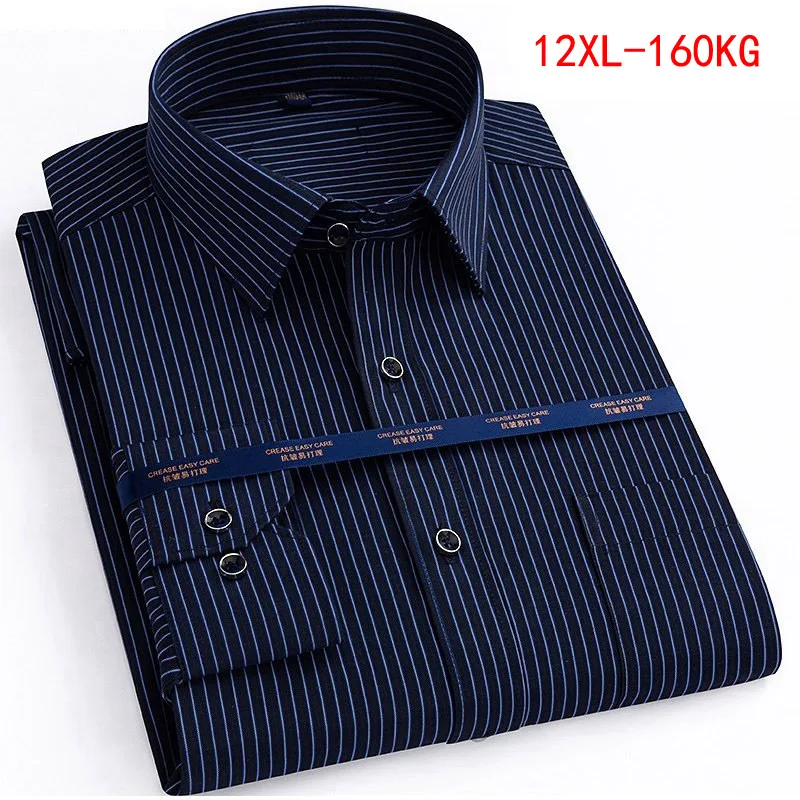 Spring Autumn Long Sleeve Men Shirt Striped Big Size 12XL 14XL Business Oversize Men Dress office formal cotton Shirt blue 52 54