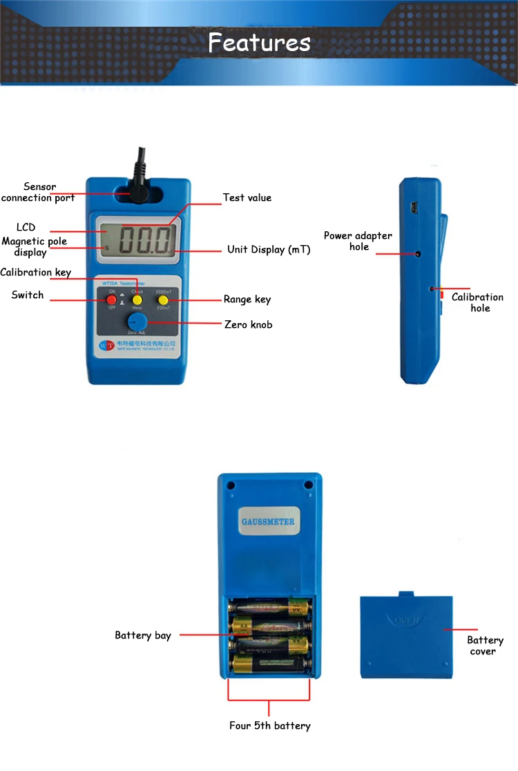 WT10A Magnetometr Tester pola magnetycznego powierzchni Gaussmeter Gigital Gauss Meter Tesla 0~2000mT Fluxmeter Funkcja Ns z sondą