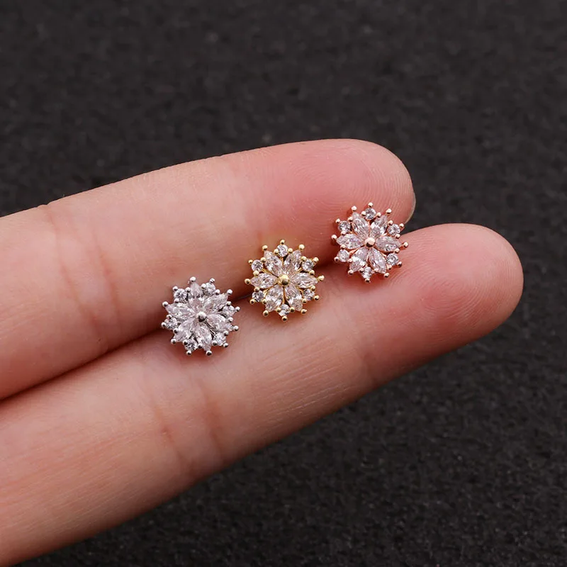 1 PCS Trendy Small Micro Pave CZ Sunflower Stud Cuff Earrings Cute Gold Color Round Earring Stainless Steel Bar Ball Ear Jewelry