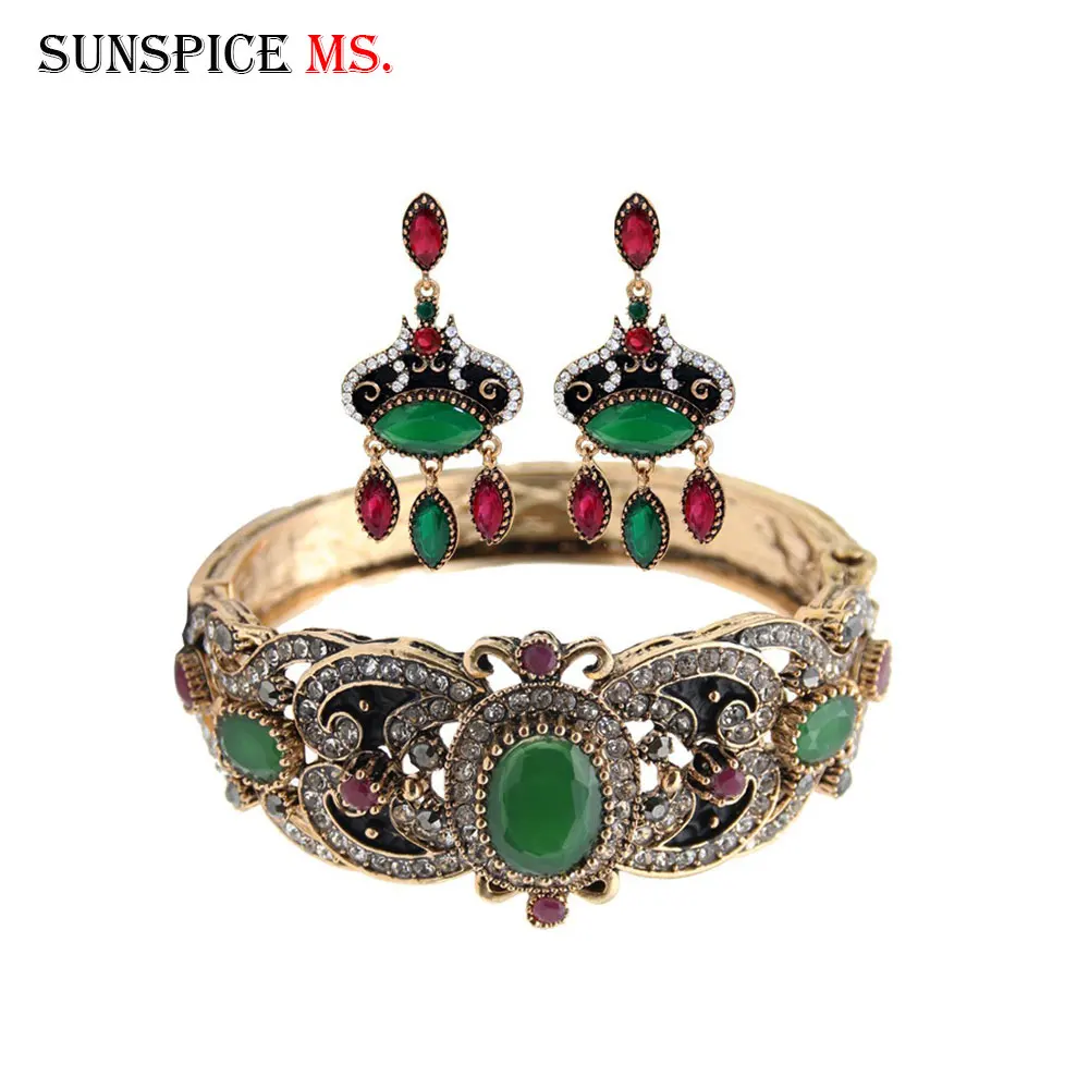 Sunspicems Vintage Turkish Resin Bangle Earring for Women Wedding Jewelry Rhinestone Retro Gold Color Antique Jewellery Gift