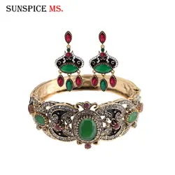 Sunspicems Vintage Turkish Resin Bangle Earring for Women Wedding Jewelry Rhinestone Retro Gold Color Antique Jewellery Gift