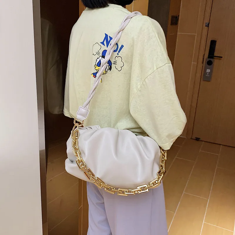 Wave Strap Belt Design Crossbody Bags For Women PU Leather Shoulder bags Chain ladies Handbags Female Folds Cloud bag black