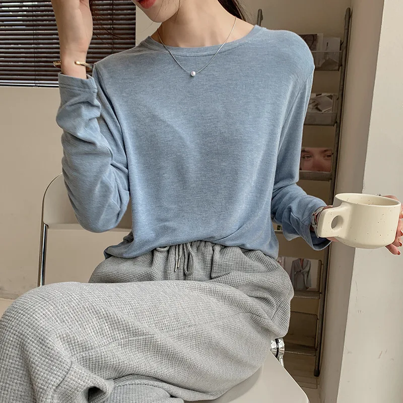 Soft Viscose Knitted Woman Tshirts Vintage Casual Loose Long Sleeve Harajuku Streetwear Women Top 122723WTA