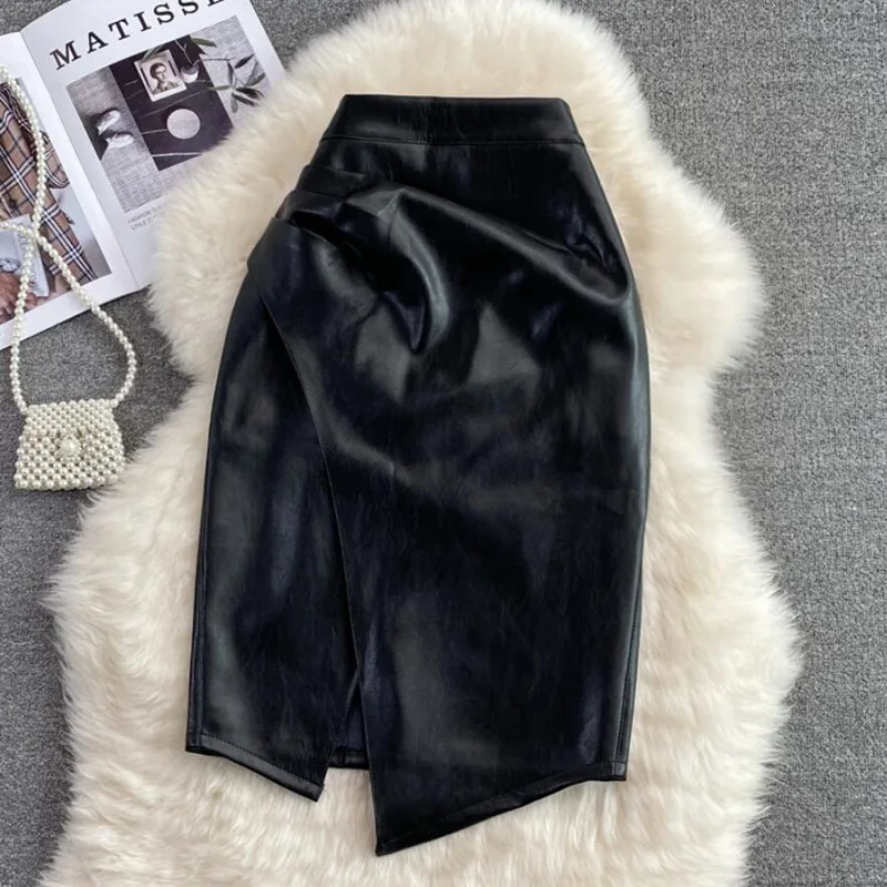 

High Waist PU Leather Split One-Step Skirt Women Fashion irregular Temperament OL Package Hip Skirt юбка s1392