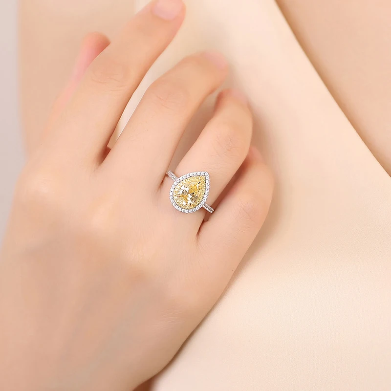 LESF 925 Sterling Silver Ring Pear Cut Very Shiny Simulation Yellow Diamond Wedding High-end Jewelry