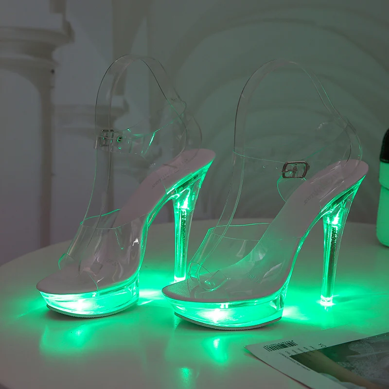 Voesnees Light Glowing Shoes Woman Luminous Clear Sandals Women Platform Shoes LED High Heel Transparent Strippers Heels Shoes