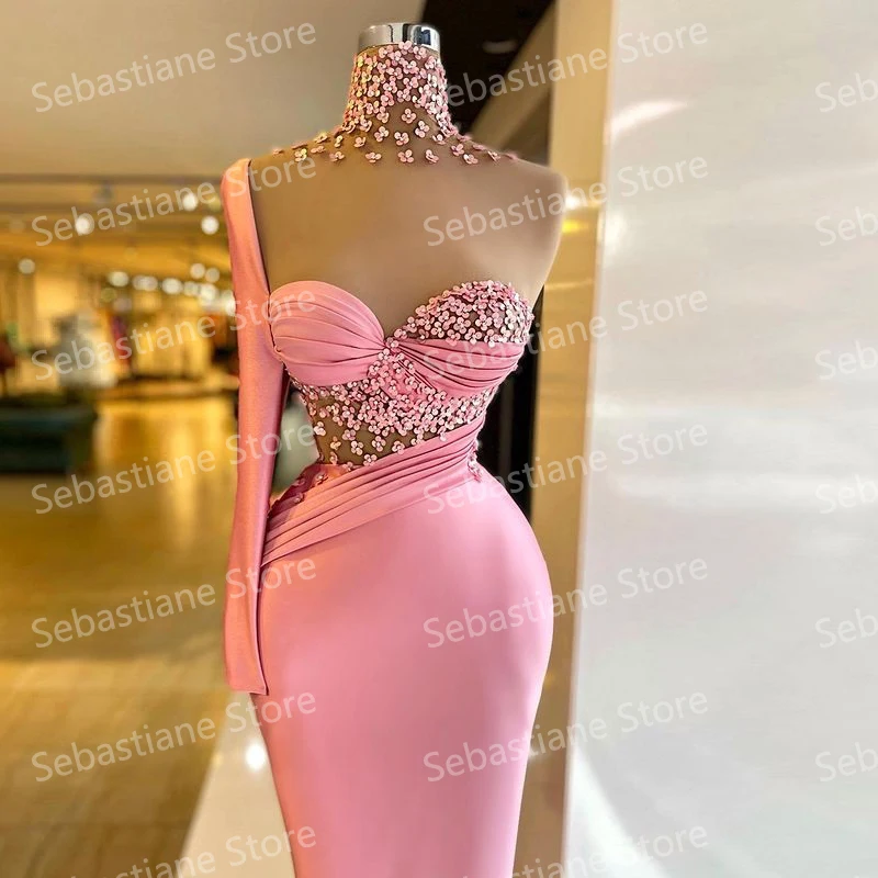 Rosa Sexy Elegante Meerjungfrau Abendkleider High Neck Einzigen Langen Ärmeln Blumen Kristalle Frauen Prom Pageant Kleider Nach Maß