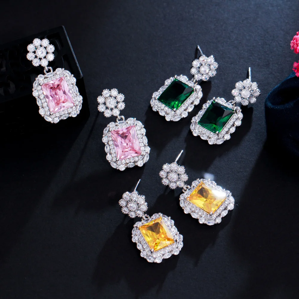Imagen 7: CWWZircons-pendientes de circonita cúbica rosa para mujer, aretes de fiesta, joyería de compromiso chapada en plata, CZ 975