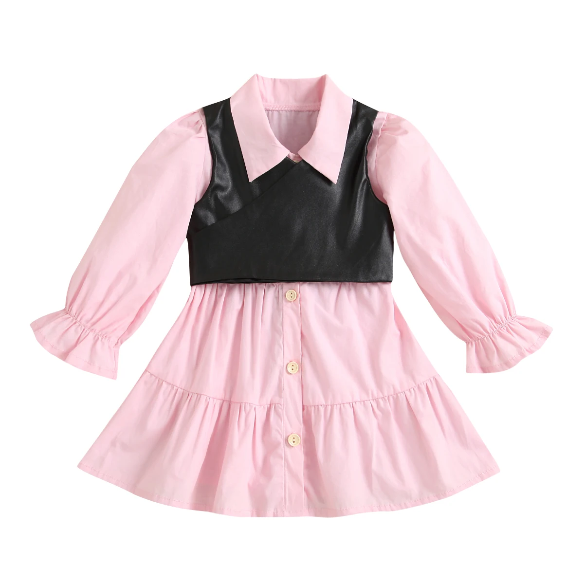 1-6Y Kids Toddler Baby Girls Clothing Dress Button Down Long Sleeve Shirt Dress + PU Leather Vest 2Pcs Girl Autumn Outfits