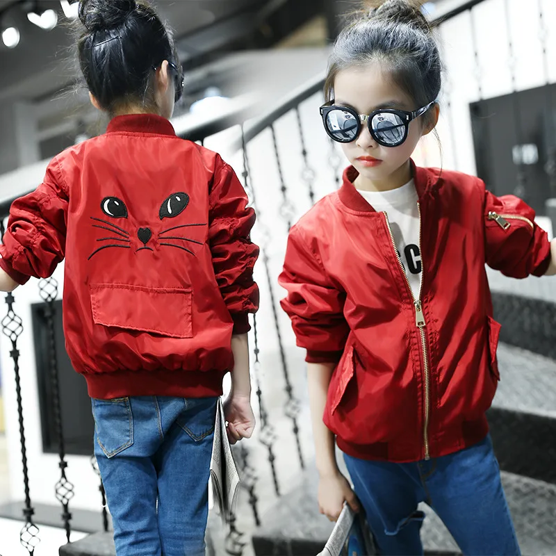 Children Bomber Jacket for Girls Autumn Fashion Cartoon Cat Kids Outerwear Windbreaker Coats School Girls Clothes 6 8 10 12 Year