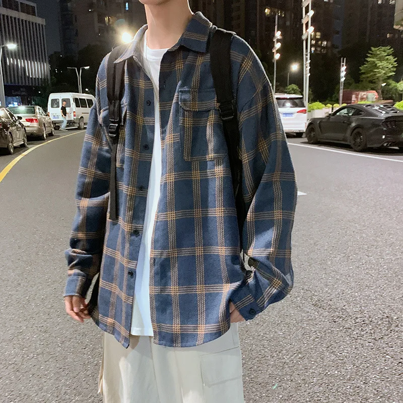 

Plaid shirt male long-sleeved youth Korean version shirt autumn Hong Kong wind loose jacket INS trend overalls