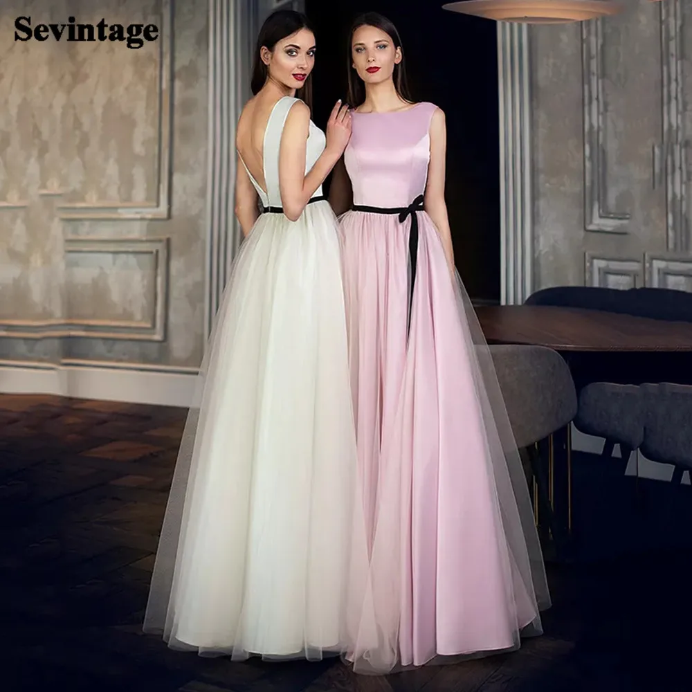 

Sevintage Pink Tulle Satin Long Prom Dresses A Line Sleeveless Black Sashes Evening Gowns Custom Made Formal Women Party Dress