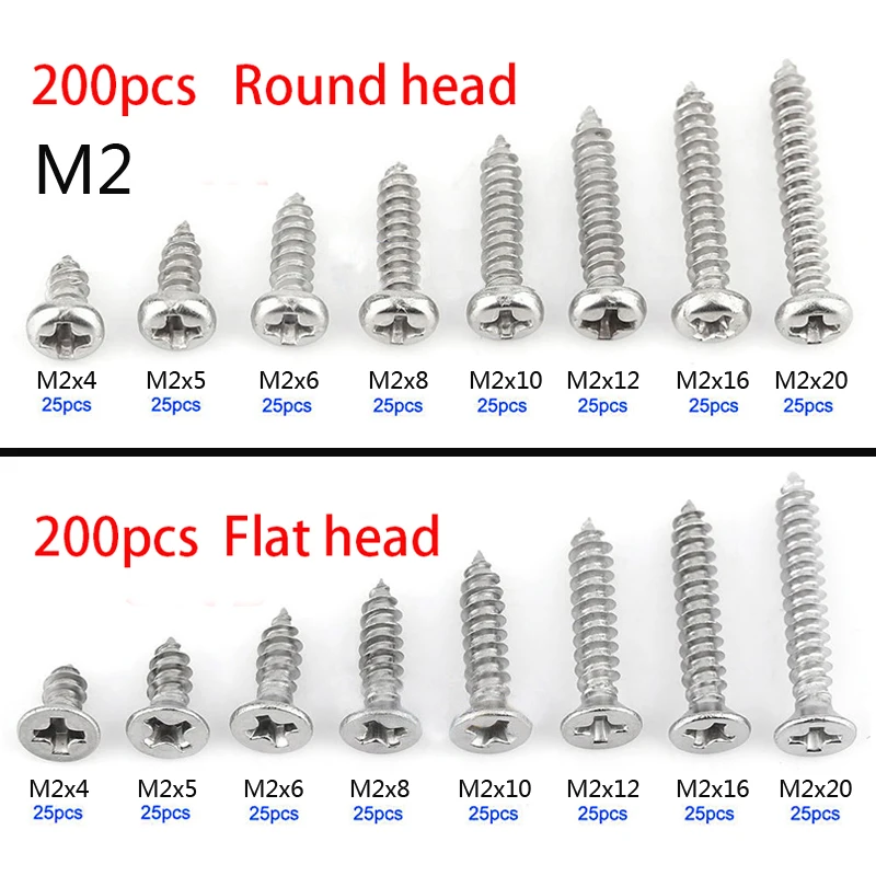 

Набор винтов M2 из нержавеющей стали с плоской головкой, высокопрочные саморезы, набор винтов для деревянной мебели, 200 шт.