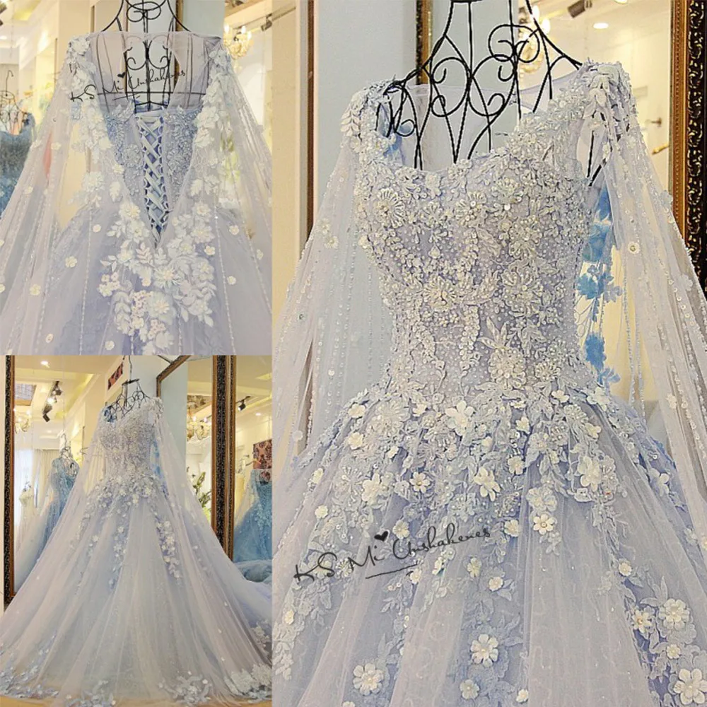 

Ivory Sky Blue Luxury Flowers Wedding Dress Vestido de Noiva Princesa 2020 Wedding Gowns Lace Beads Vintage Bridal Dresses