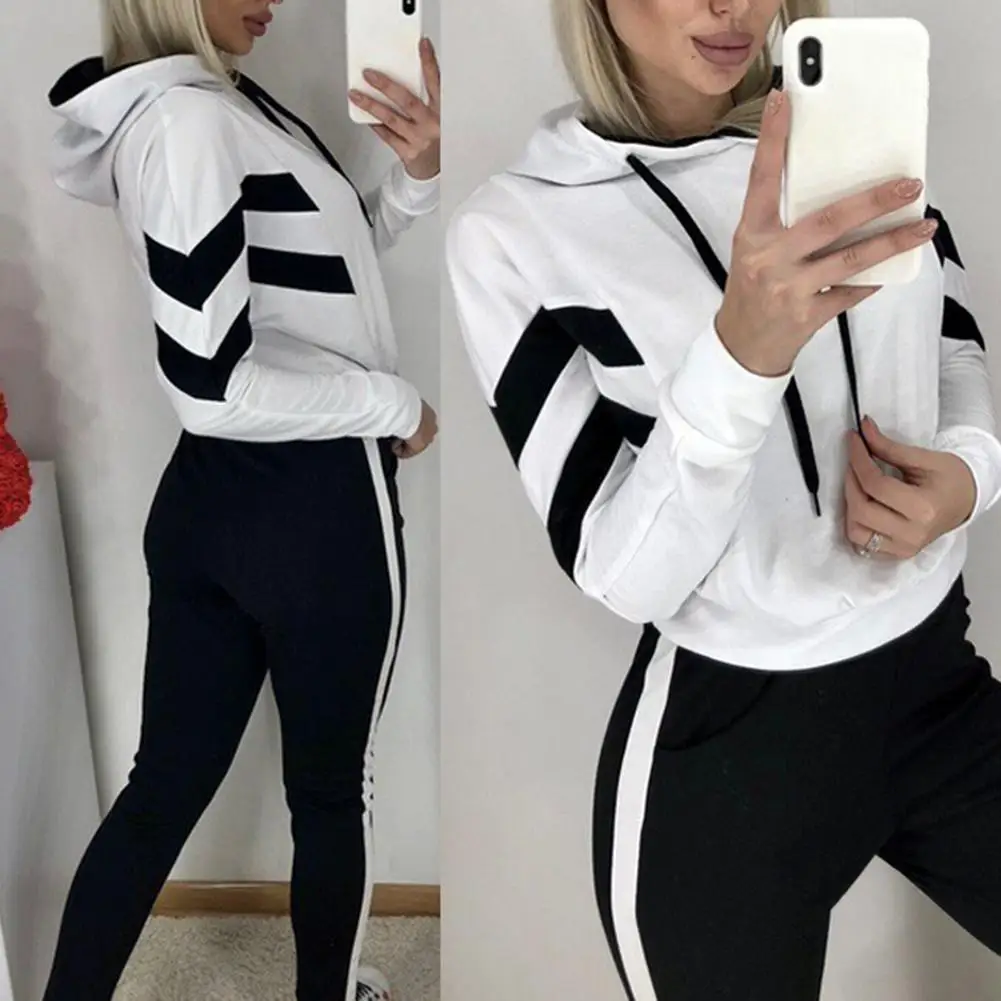 

2pcs Splic Striped Women Pants Set Casual Hooded Sweatshirts Short Top Long Sweatpants Two Pieces Set Outfits Women Tracksuits