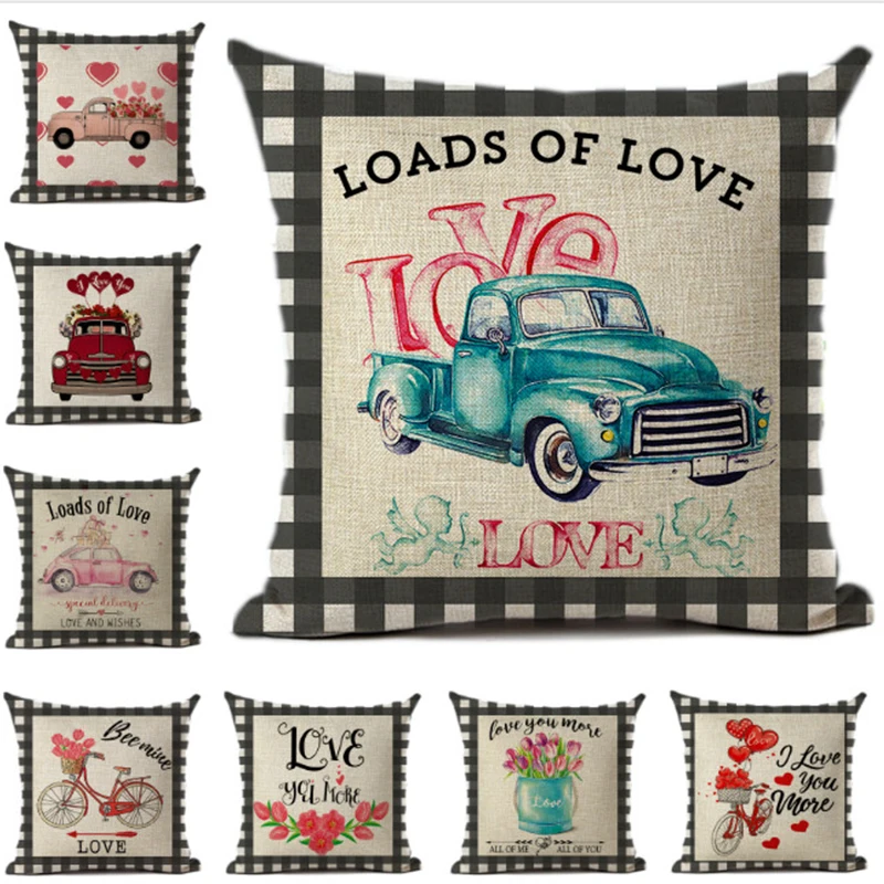 Faux Linen British Plaid Pillow Case Red Truck Confession Love Cushion Cover NewYear Valentines Day Wedding Gift Home Decoration