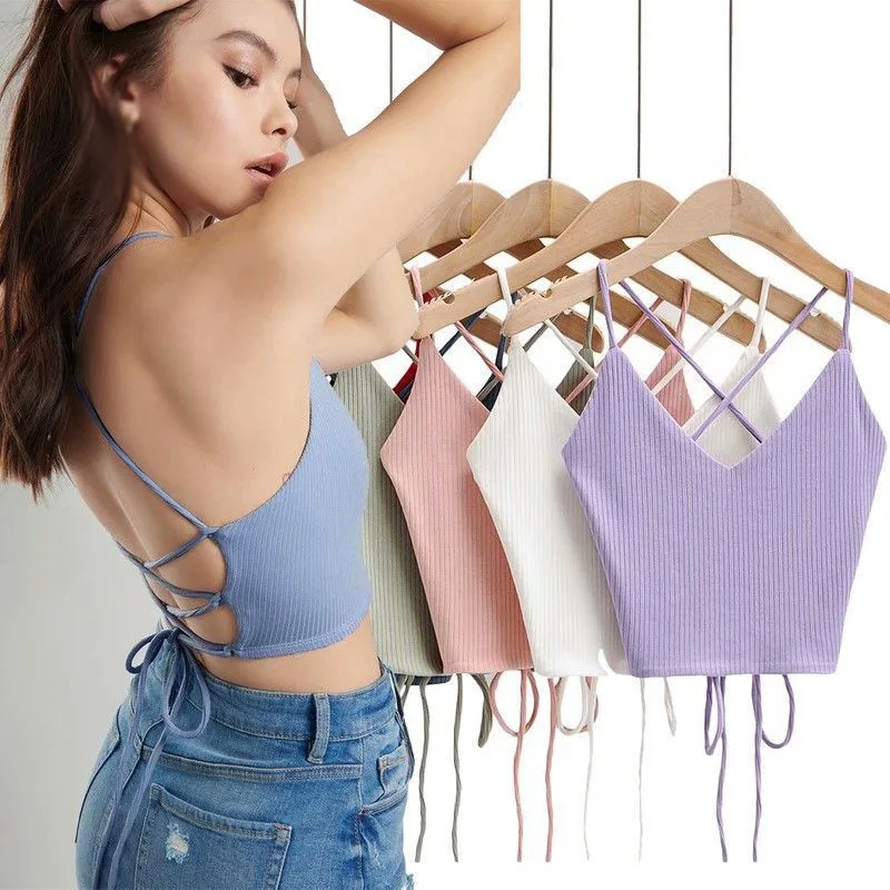 New Summer Women Fashion Sexy V-Neck Bandage Solid Knitted Tank Top Solid Color Crop Tops Sexy Strap Bra Camis  Y2K Aesthet