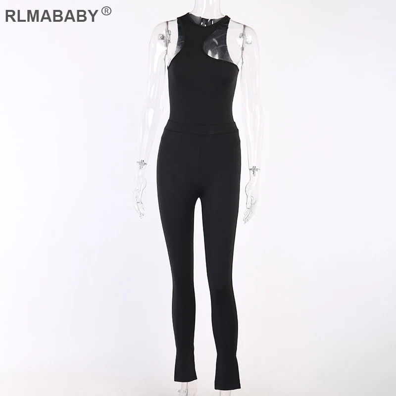 Fashion One Shoulder Sleeveless Asymmetrical Bodysuit Hem Split High Waist Pant Sexy 2 Piece Set Women Casual Sexy Outfits Set