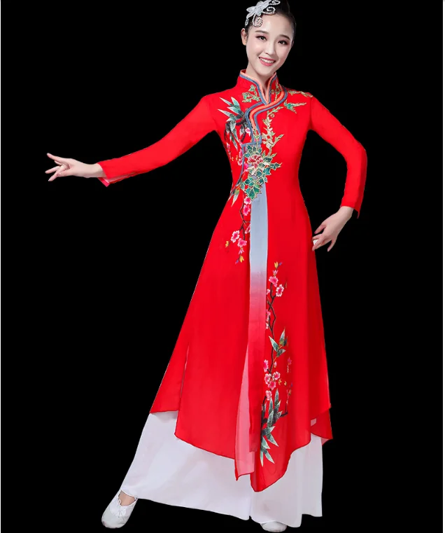 Women' classical dance elegant Chinese style ethnic umbrella dance fan yangko dance embroidered stand collar performance clothes