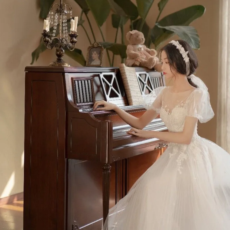 Vestido de casamento retrô em estilo francês, vestido longo de princesa, costas nuas e gola redonda, manga curta de tule