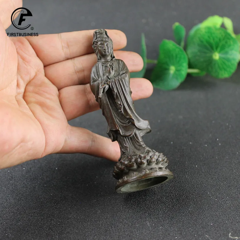 Antique Bronze Guan Yin Statue Ornament Pure Copper Buddha Figurines Miniatures Home Decoration Accessories Crafts Collections