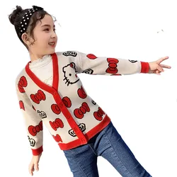 Hello Kitty Children's V-neck Cotton Fashion Sweater Cardigan Spring Autumn New Girls Cute Cartoon Printed Sweater Casual Jacket