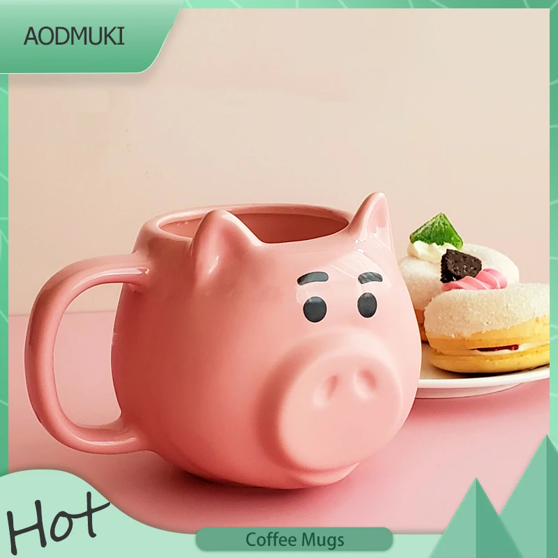 

550Ml Large Capacity Cute Cartoons Pink Pig Shape Breakfast Milk Coffee Mugs Microwave Available Water Tea Cup with Handle Spoon