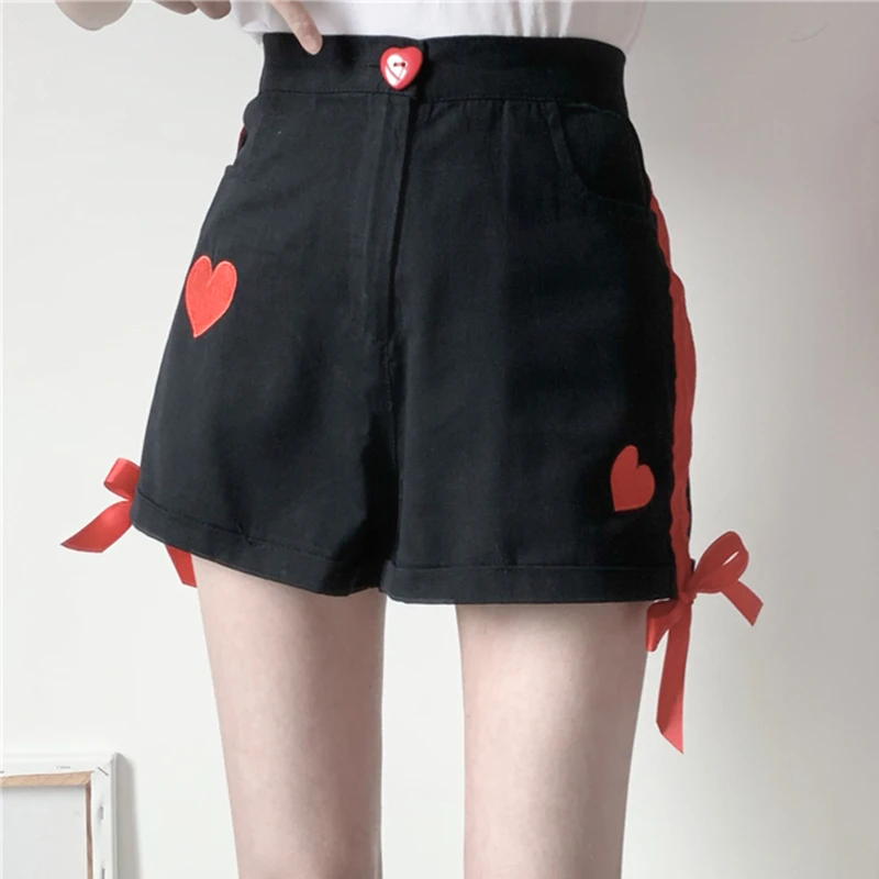 Harajuku Fashion Cute Heart Embroidery Denim Shorts Women Korean Girls Kawaii Ribbon Jeans Streetwear Casual Shorts White Black