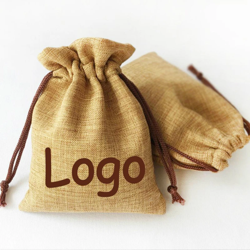 

50PCS Soft Flax Drawstring Bag Jewelry Bags Velvet Linen Pouch Packaging Cosmetic Party Gift Reusable Vintage Sachet Print Logo