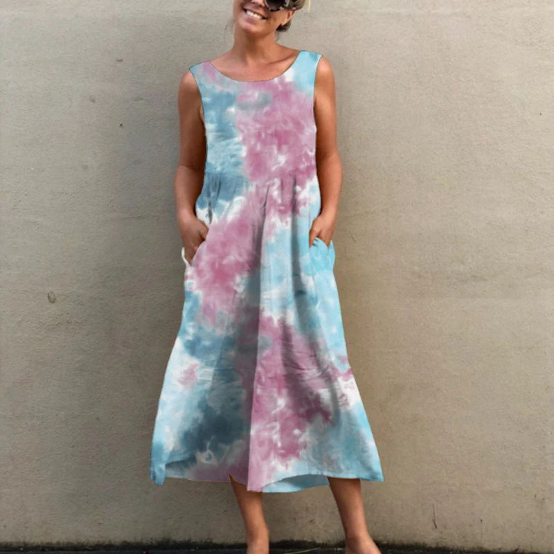 2021 Tie Dye Printing Jumpsuit Women Casual Dungarees Vintage Pocket Loose Party Sleeveless Long Harem Overalls Rompers Jumpsuit