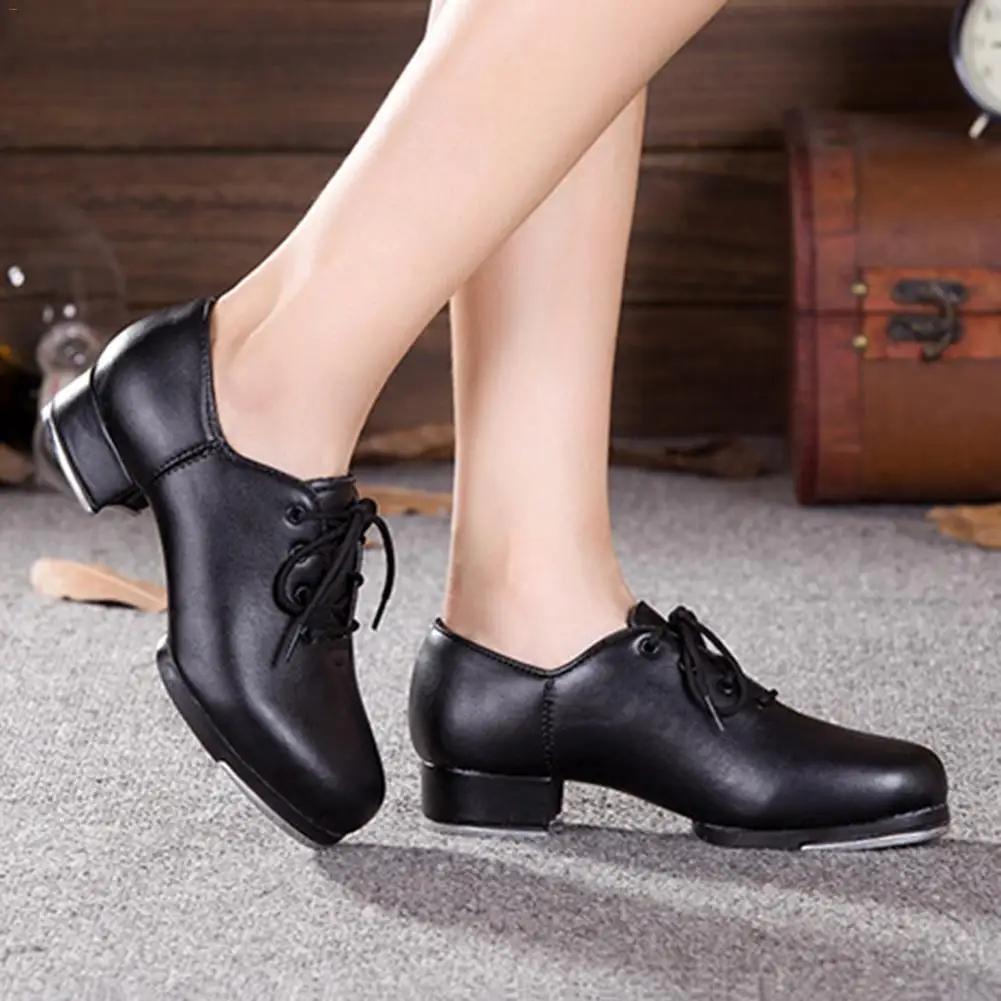 Leather Material Tap Shoes Women\'s Split Sole Jazz Tap Dance Shoes Adult/Unisex Lace Up Women Tap Shoes Dancing Shoes for Women