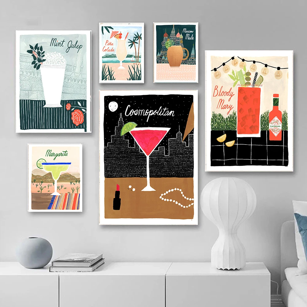 Küche Champagner Cocktail Leinwand Malerei Wand Kunst Nordic Poster und Drucke Wand Bilder für Wohnzimmer Dekoration Rahmenlos